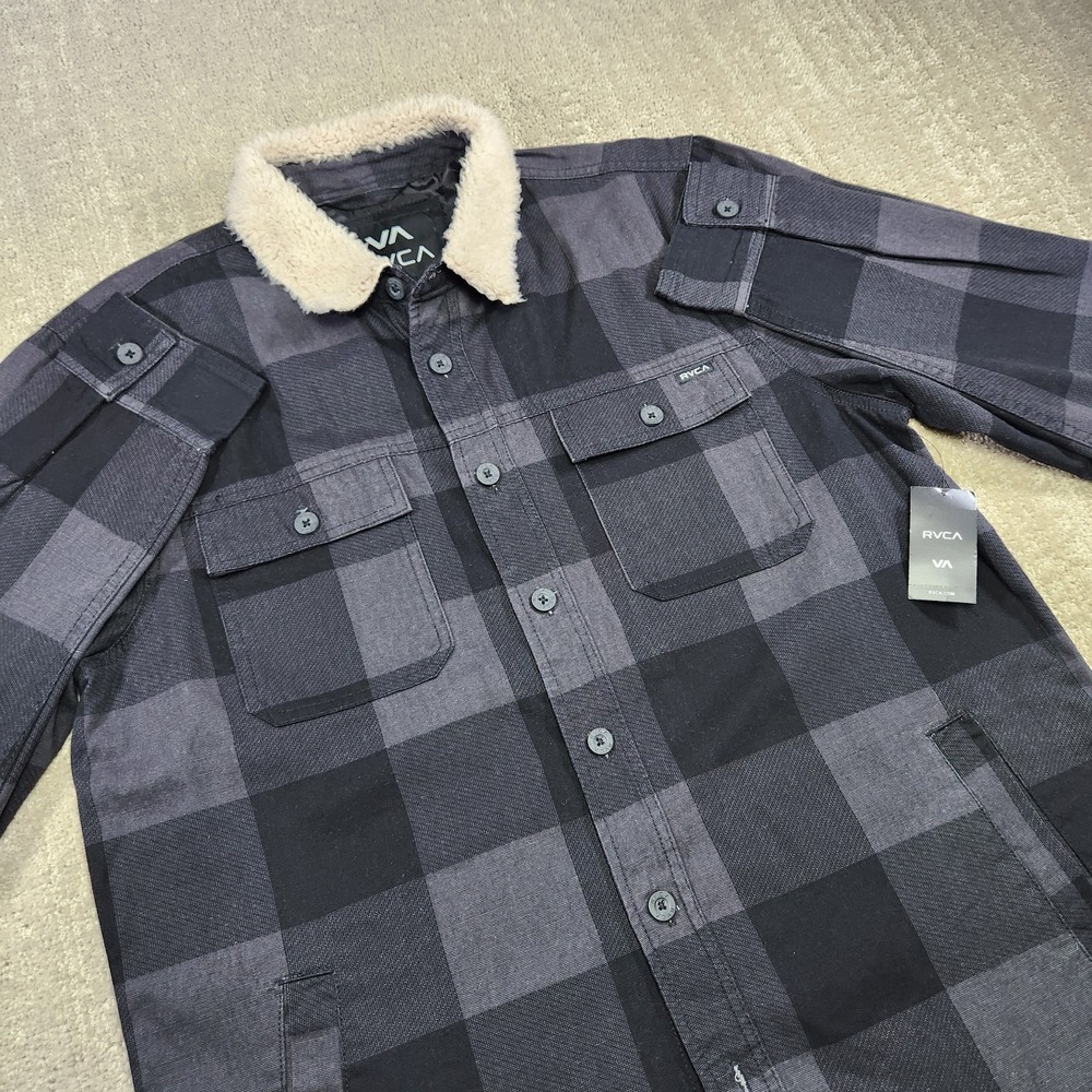 RVCA Range Jacket Men Medium Shacket Sherpa Collar Plaid Black NEW Button Up‎